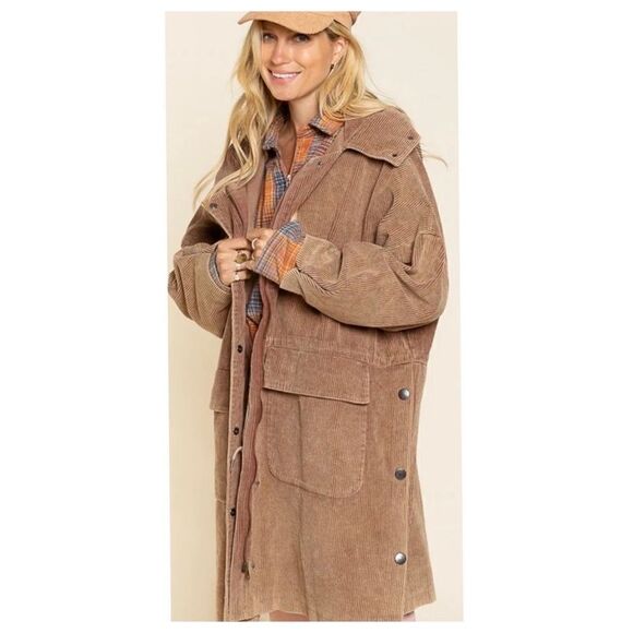 POL 𝅺corduroy Hooded Long Coat in Teddy Bear - Picture 6 of 12